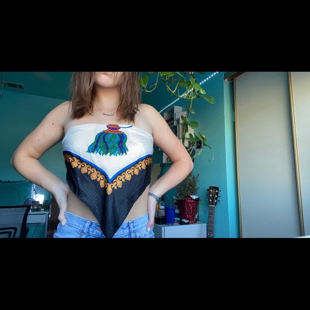 silk like scarf top.